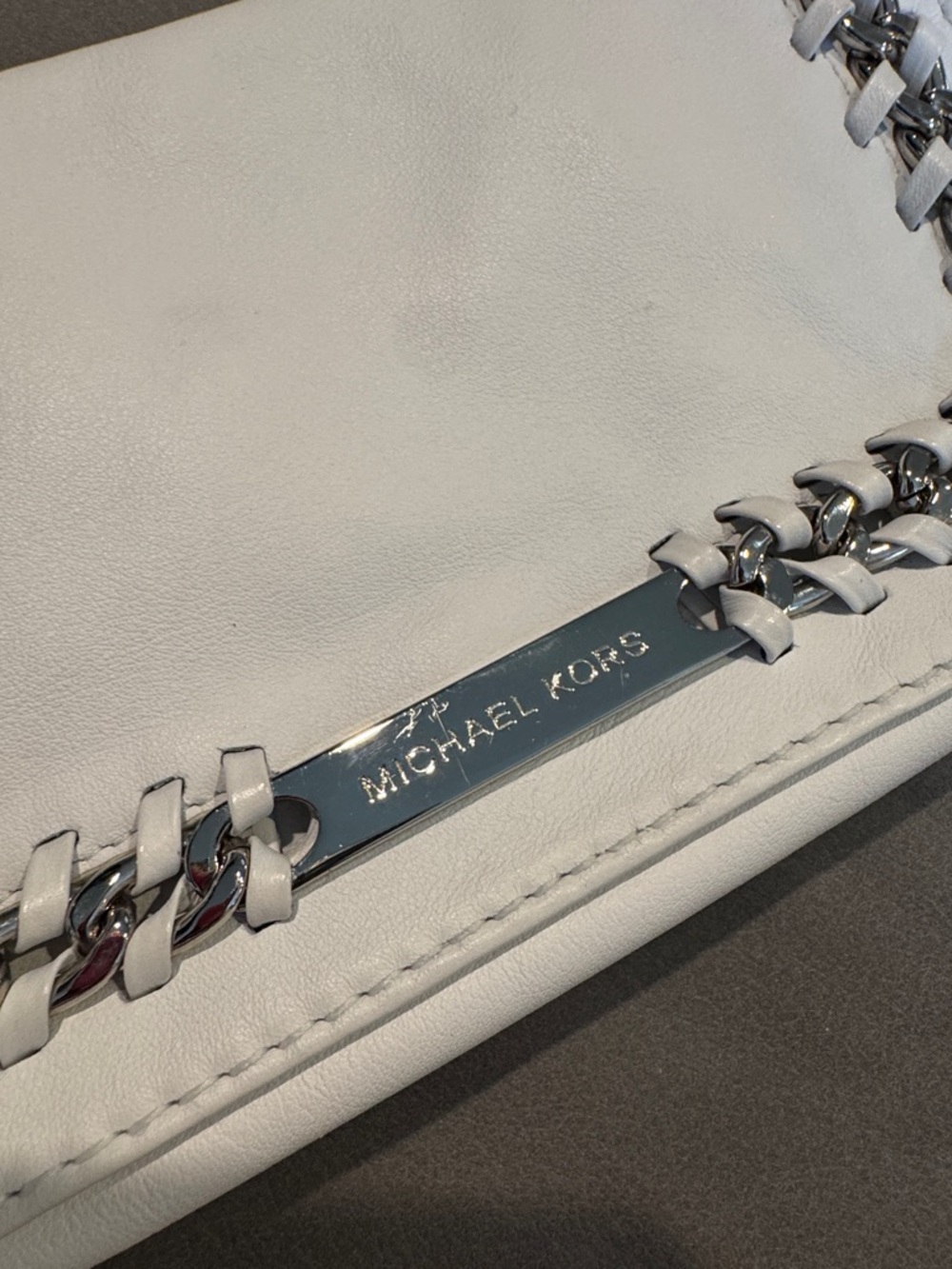 Michael Kors white leather silver woven chain snap flap clutch. New, no tag. - Picture 7 of 7